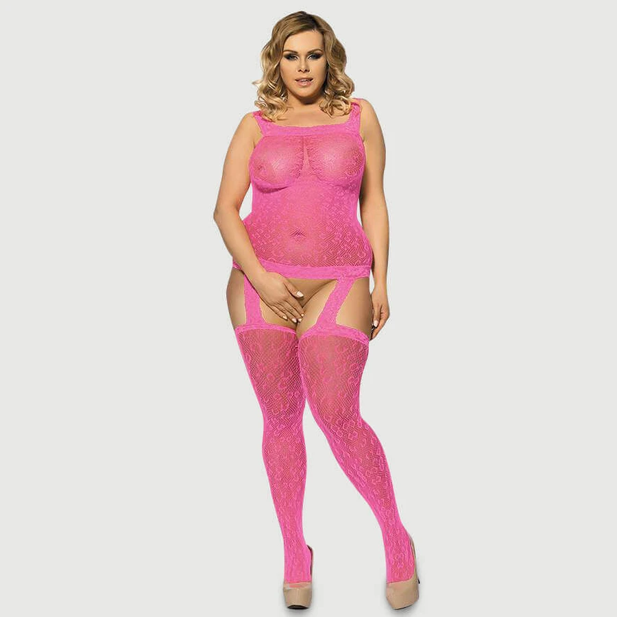 Body à jarretière en résille Plus Size à motif léopard - Rose - Large/X-Large