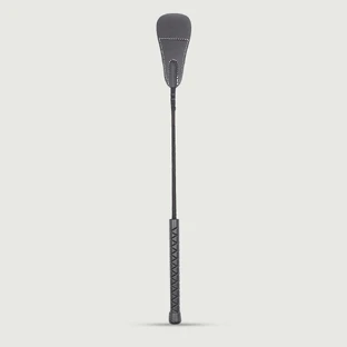 Crop en cuir avec poignée tressée et pointe courbée 46,5 cm - Noir