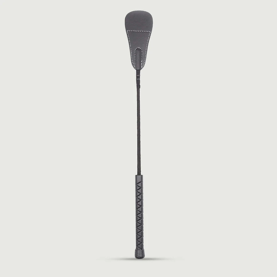 Crop en cuir avec poignée tressée et pointe courbée 46,5 cm - Noir