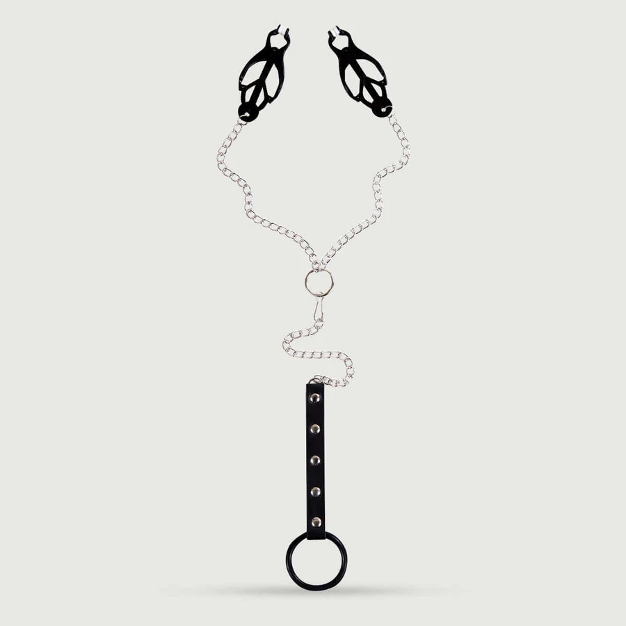 Nipple Clamps With Chains & Penis Ring - Black