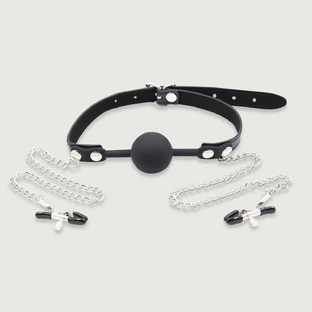 Ball Gag With Nipple Clamps - Black