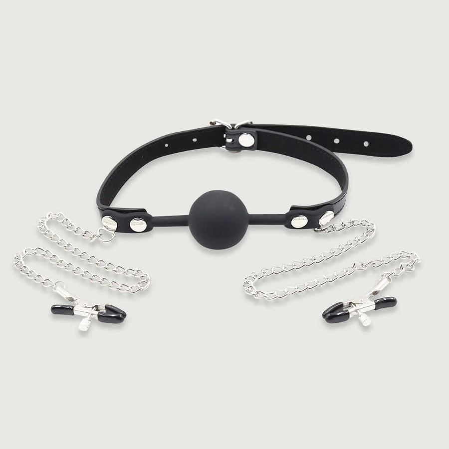 Ball Gag With Nipple Clamps - Black