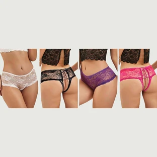 Plus Size Open Crotch Floral Lace Panty 4 in 1 - Large/X-Large