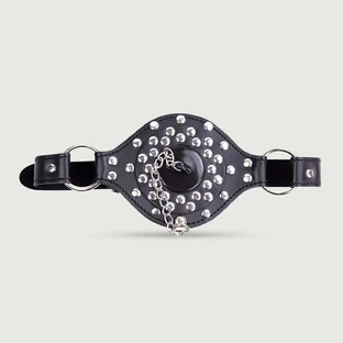 Lederen knevelmasker met studs & O-ring met verwijderbare plug - zwart
