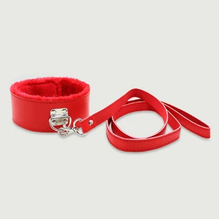 Halsband mit Leine und Innenfutter aus Fell - Rot