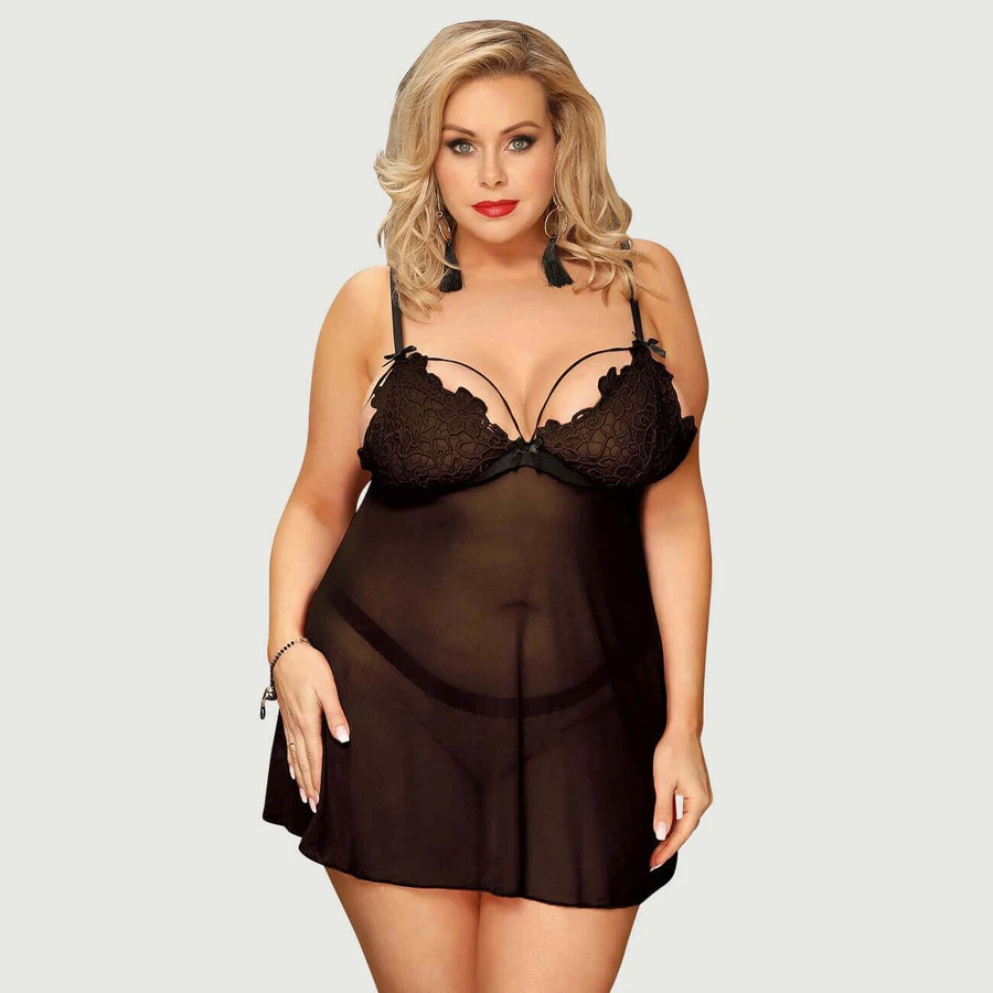 Plus Size High End Zarte Stickerei Spitze Babydoll & Lingerie Set - Schwarz - Large/X-Large