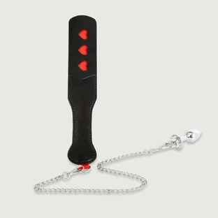 Leather Paddle With Hearts and Anal Plug - Black