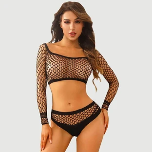 Nika 2 Piece Fishnet Lingerie Set - Black - One Size