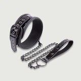 Halsband met ketting en leren riem - Zwart