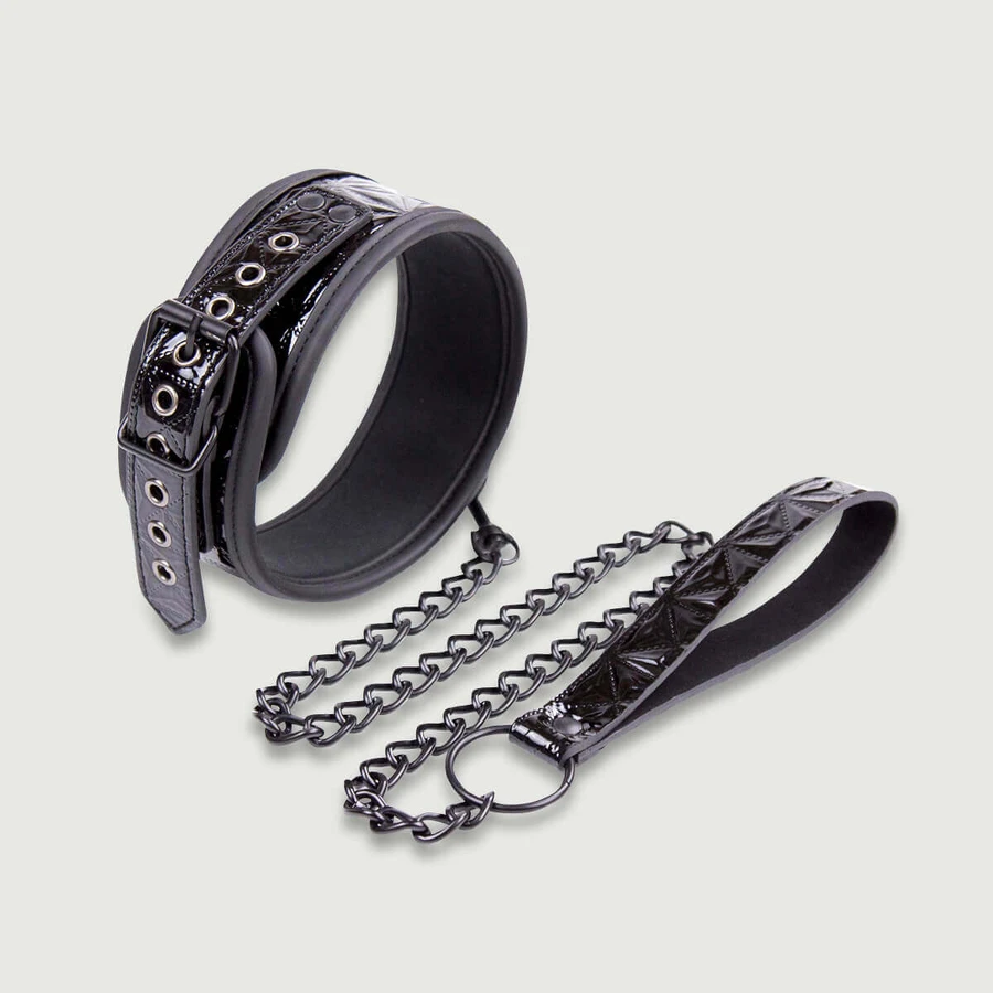 Halsband mit Kette und Lederleine - Schwarz