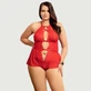 Plus Size Sexy Halter Rugloos Bloemen Patronen Teddy Lingerie - Rood - Large/X-Large