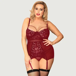Plus Size Strumpfband Babydoll mit Bügel Mesh Nähen dunkelrote Spitze - Rot - Large/X-Large
