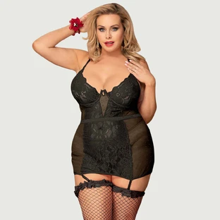 Plus Size Babydoll Met Delicate Kant Stiksels & Beugel - Zwart - Large/X-Large