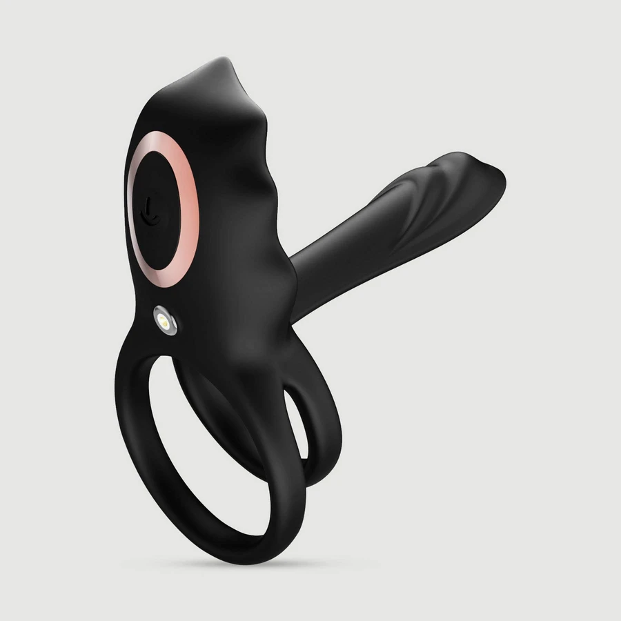 Anneau double en silicone flexible avec stimulateur clitoridien - Noir