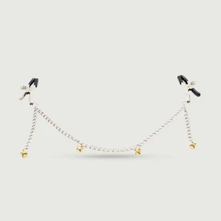 Nipple Clamps With Chain & Golden Bells - Silver