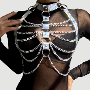 Leder Brustharness Riemen Bras Kette - Silber - Einheitsgröße