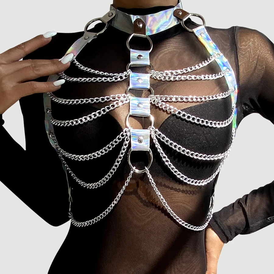 Leder Brustharness Riemen Bras Kette - Silber - Einheitsgröße