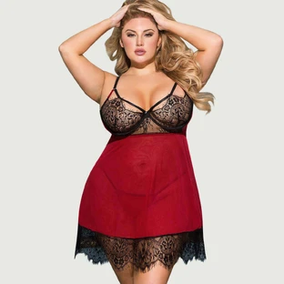 Plus Size Sexy Splicing Sheer Wimperrand Kant Rug Split Babydoll Set Met Beugel - Rood - Large/X-Large