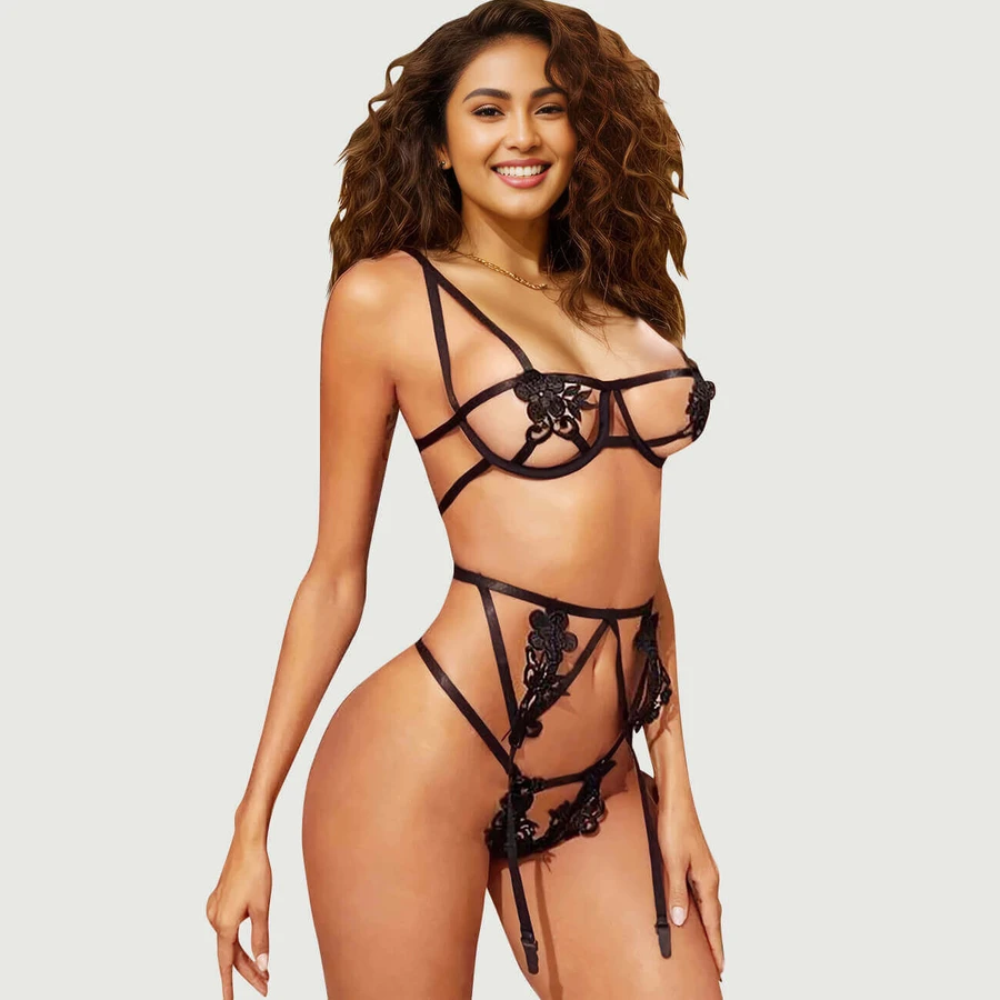 Tallas Grandes Sexy Conjunto de 3 Sujetador y Braguita con Apliques Bordados y Aros - Negro - Large/X-Large