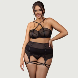 Plus Size Mesh beugel kousenband lingerie set - Zwart - Large/X-Large