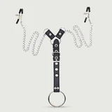 Nipple Clamps With Straps, Chains & Penis Ring - Black/Silver