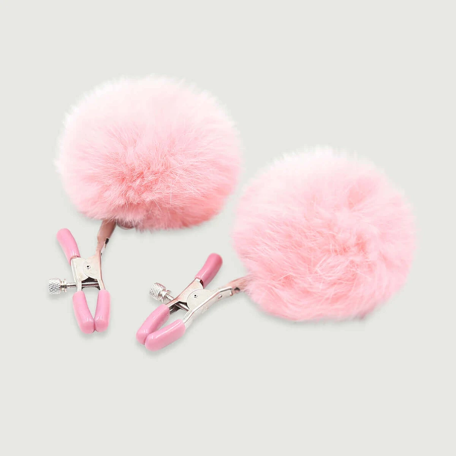 Pinzas ajustables para pezones con pompones de piel - Rosa