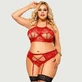 Plus Size Gold Red Lace Stitching Cross Straps Sexy Bra Set With Steel Ring - Red - Large/X-Large