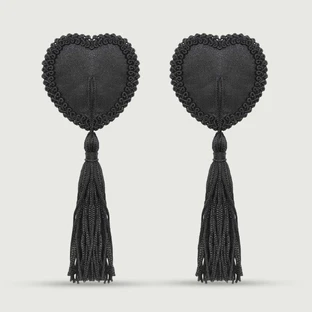 Pasties para pezones con borlas en forma de corazón - Negro