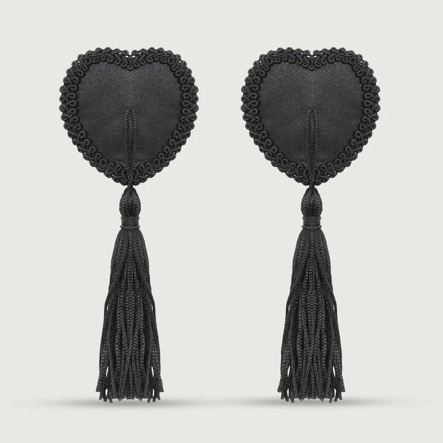 Pasties para pezones con borlas en forma de corazón - Negro