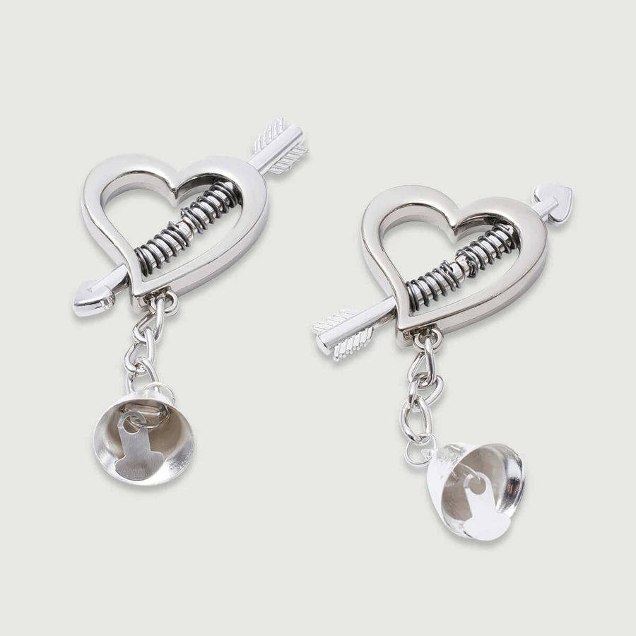 Heart Shaped Nipple Clamps With Dangling Charm - Silver