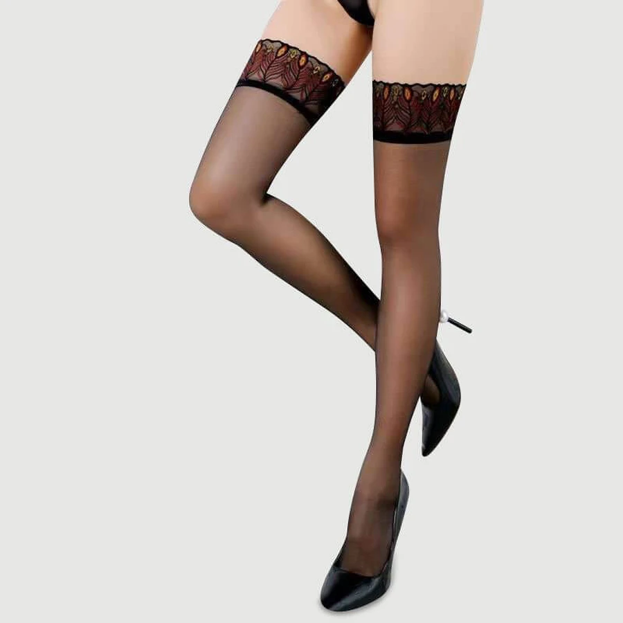 Bas à plumes avec motif en dentelle - noir - taille unique