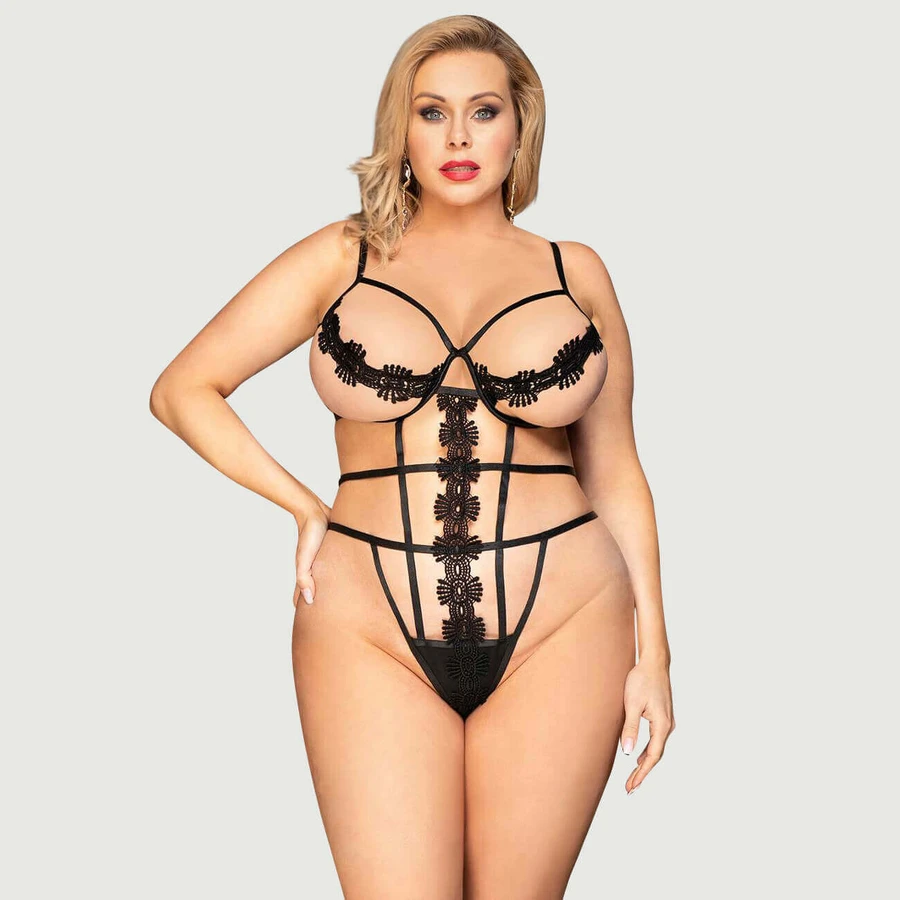 Plus Size Delicate Flowers Lace Hollow Out Teddy mit Bügeln - Schwarz - Large/X-Large