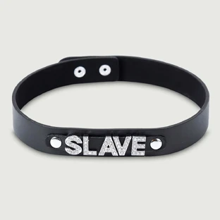 Leather Choker With Rhinestone SLAVE - Black