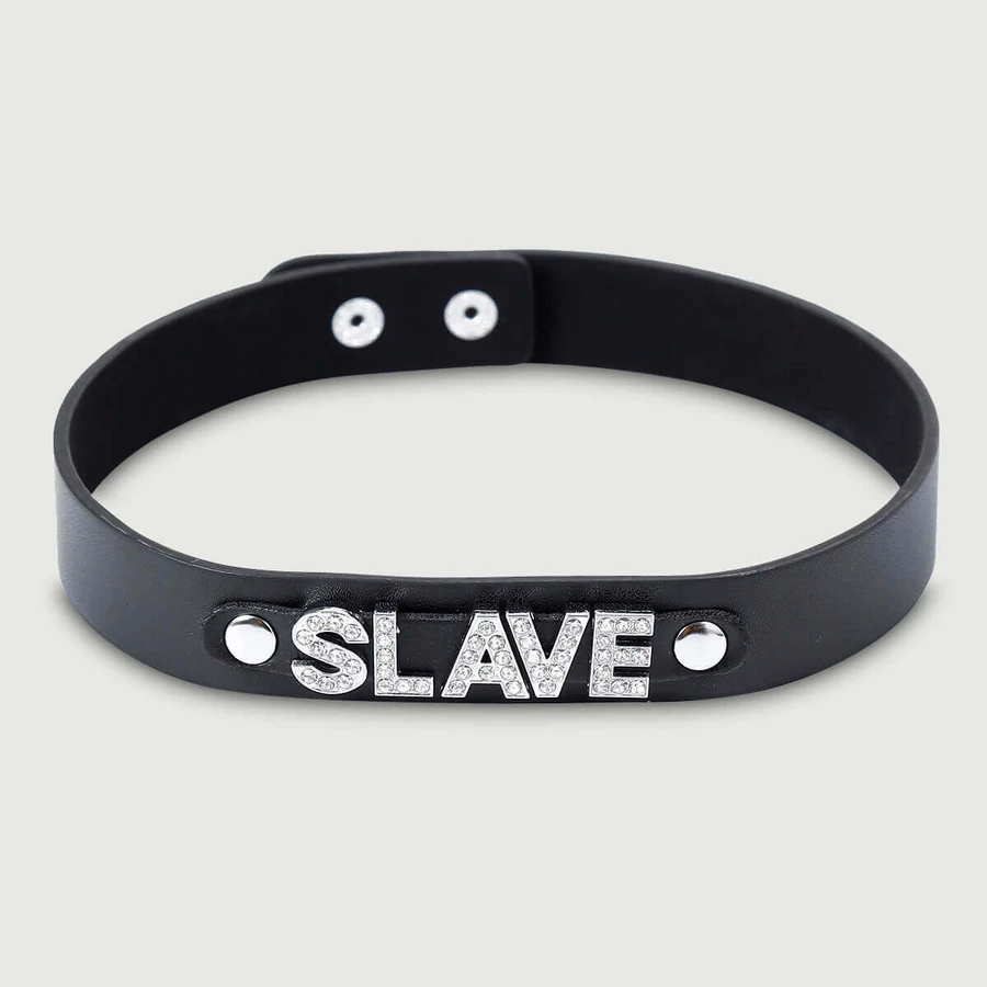 Leather Choker With Rhinestone SLAVE - Black