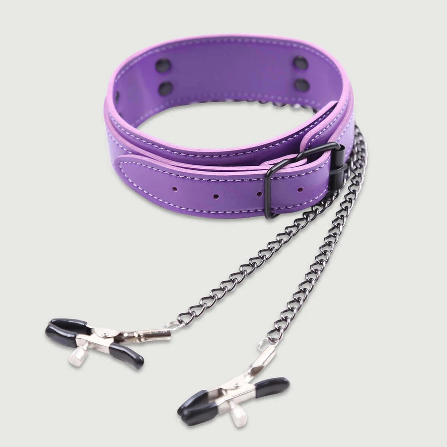 Collier en cuir avec pinces à tétons et chaînes - violet