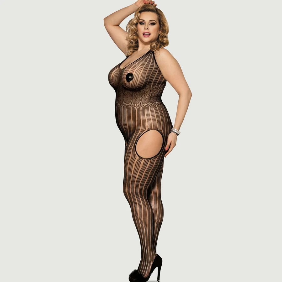 Plus Size Mystery Pattern Net Bodystocking - Black - Large/X-Large