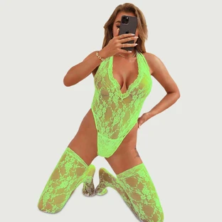 Nounours dos nu décolleté en V en dentelle avec bas - Vert - Taille unique