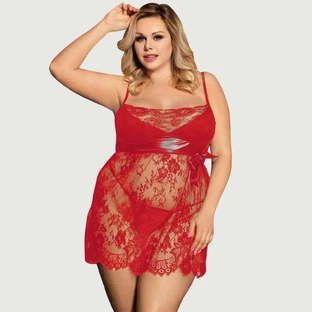 Nuisette plus size avec string Sexy Eyelash Lace Chest Pad Nightdress - Red - Large/X-Large