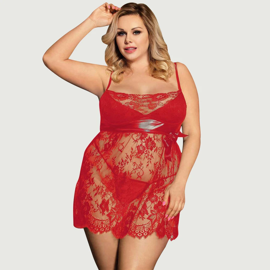 Nuisette plus size avec string Sexy Eyelash Lace Chest Pad Nightdress - Red - Large/X-Large