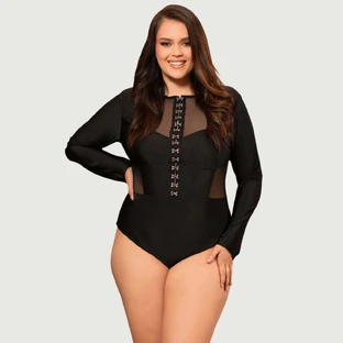 Plus Size Hook Buckles Lange Mouw Slank Mesh Bodysuit - Zwart - Large