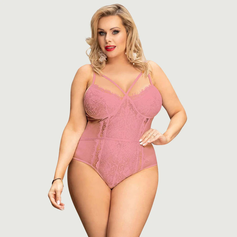Plus Size Roze Kanten Teddy met Open Kruis - Roze - Large/X-Large