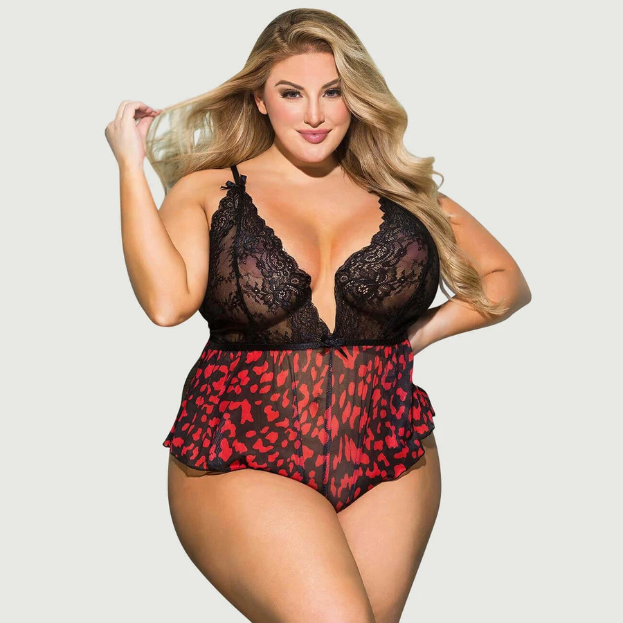 Teddy taille plus sexy à col plongeant et imprimé floral en dentelle - noir/rouge - Large/X-Large