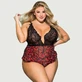 Plus Size Fashion Sexy Kanten Bloemenprint Plunge Hals Teddy - Zwart/Rood - Groot/X-Large