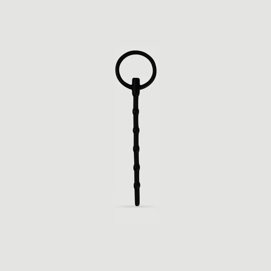 Bouchon urétral en silicone strié 157 x 6 mm avec anneau - noir