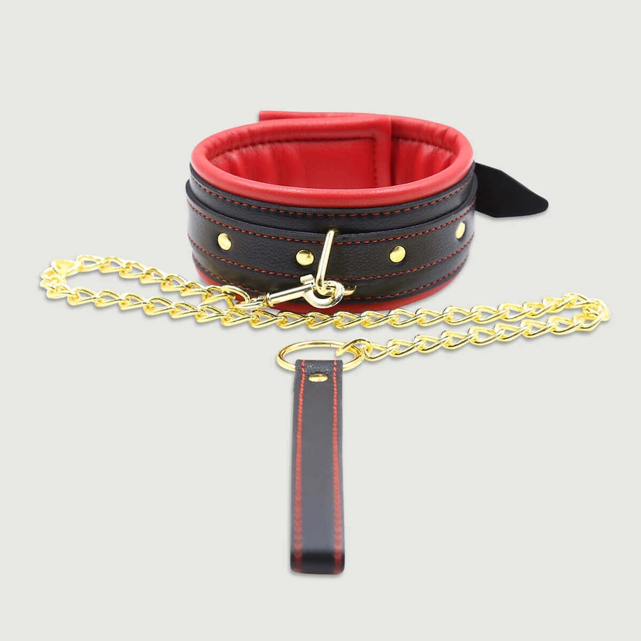 Collar de cuero acolchado con cadena dorada - Negro/Rojo