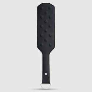 Leather Spanking Paddle With Raised Studs & Metal Ring - Black