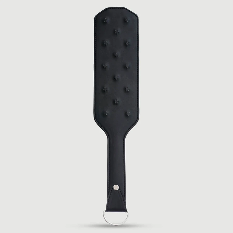 Leather Spanking Paddle With Raised Studs & Metal Ring - Black