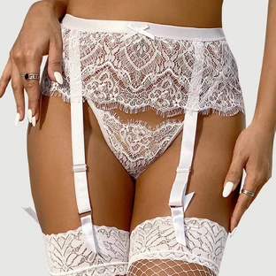 Eyelash Lace High Waist Metal Button Garter Belt Panty - White - One Size