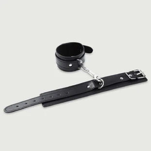 Adjustable Leather Cuff Set With D-Ring & Metal Clip - Black