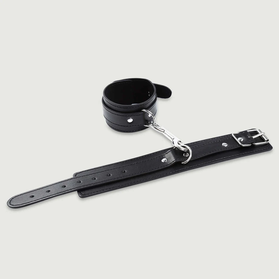 Adjustable Leather Cuff Set With D-Ring & Metal Clip - Black